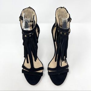 NEW Nine West Fringed Suede T Strap Sandals Black